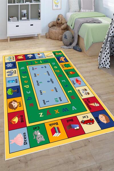 Pelura Halı Sayılar ve Alfabe Desenli Yıkanabilir Kaymaz Taban Eğitici ve Öğr...