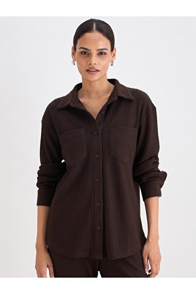 Femmella By Styli Women Coffee Brown Waffle Knit Button Down Shirt