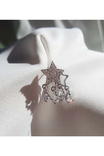 Zirkon Taşlı Yıldızı Motif Twinstar Gümüş Renk VIP Küpe