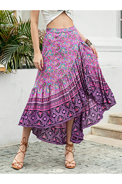 Take Two By Styli Women's Floral Printed Asymmetrical Pleated Detail Midi Skirt