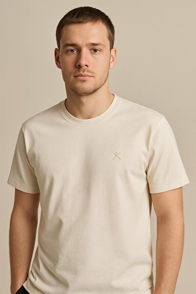 RAPAPA Men's Cream Color Crew Neck Basic T-Shirt 2399