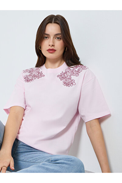 Styli Women Floral Tonal Embroidery 100% Cotton T-Shirt
