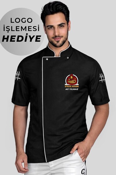 Üniformanya Firma Logo İşlemesi Hediyeli Siyah Kısa Kollu Aşçı Ceketi Beyaz Ş...