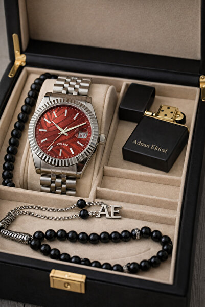 pierrose Kişiye Özel İsimli Lüks Saat Seti Kırmızı Kadran Çelik Saat Tesbih B...