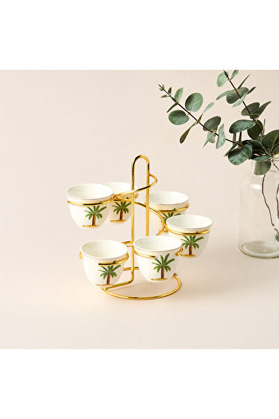 Lifestyle Palm Tree Print 6-Piece Bone China Kahwa Cup Set with Stand