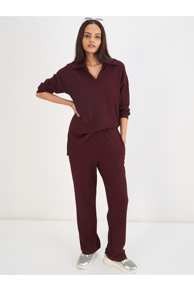 Femmella By Styli Women Wine Waffle Knit Trousers