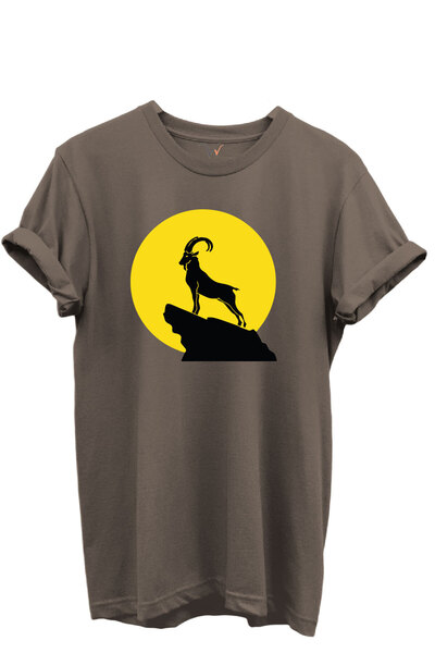 WİDİ Mountain Goat Silhouette Printed 100% Cotton Regular Fit Crew Neck Unise...