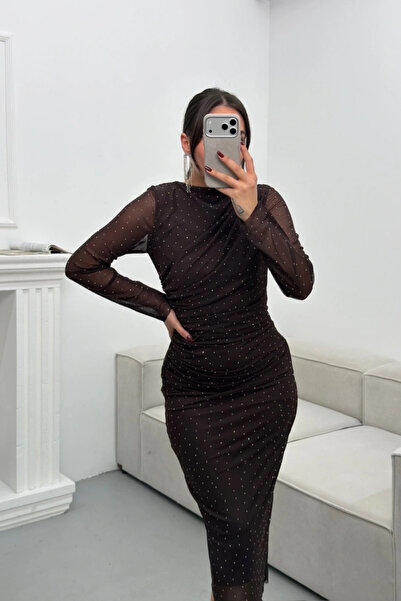 MOZENA Drapeli Taşlı Tül İçi Astarlı Elbise