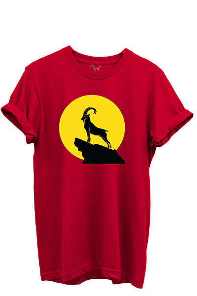 WİDİ Mountain Goat Silhouette Printed 100% Cotton Regular Fit Crew Neck Unise...
