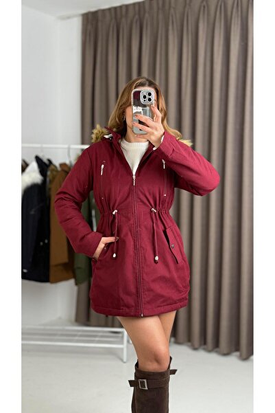 Raneel Kazançlı Alışveriş Kadın Bordo Yarım Boy Gabardin Kumaş İçi Yün Mont