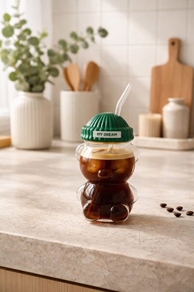 Anadolu Saray Kapaklı Ayıcık Tasarım Borosilikat Cam İçecek Bardağı ve Pipetl...