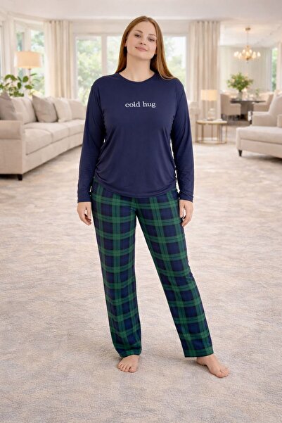 GAMDELLE MODA Women's Navy Blue Plus Size Long Sleeve Pajama Set