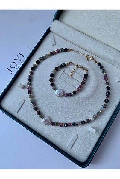 JOVİ ATELİER Doğal Barok İncili Turmalin Doğal Taş Kolye ve Bileklik Seti - Ç...