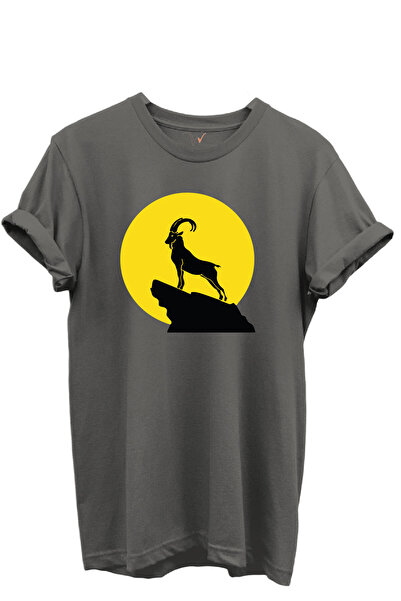 WİDİ Mountain Goat Silhouette Printed 100% Cotton Regular Fit Crew Neck Unise...