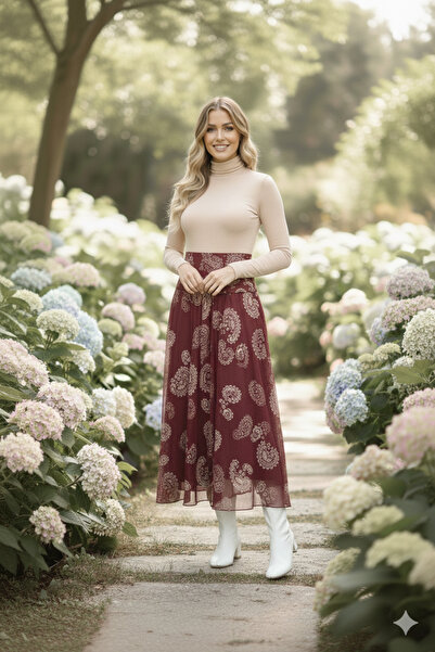 Moda Palmiss Women's Bitter Brown Patterned Chiffon Midi Skirt High Waist Com...