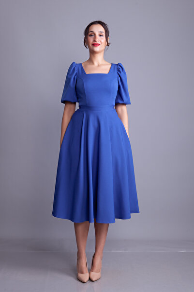 NO48 Denim Blue Balloon Sleeve Square Neck Midi Dress