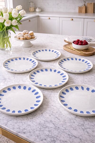 Evila 6 Kişilik 6 Parça Porselen Pasta Tabağı Takımı – Mavi Modern Desen