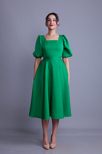NO48 Grass Green Balloon Sleeve Square Neck Midi Dress