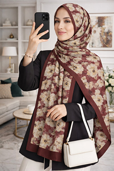 VALURESS Bordo Pamuklu Çiçek Desenli Dijital Bambu Soft Şal, Yumuşak Dokulu, ...