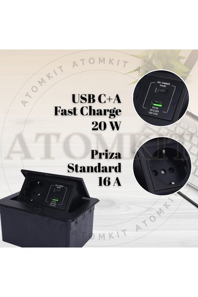 ATOMKIT Priză încastrată pentru mobilier ® cu USB-C PD 20W și USB-A, 1 priză de alimentare, cablu atașat
