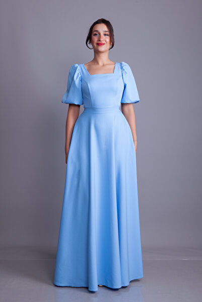 NO48 Baby Blue Balloon Sleeve Square Neck Maxi Dress