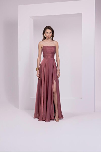 DORİDORCA 7066 Straplez Yırtmaçlı Jakarlı Drapeli Elbise