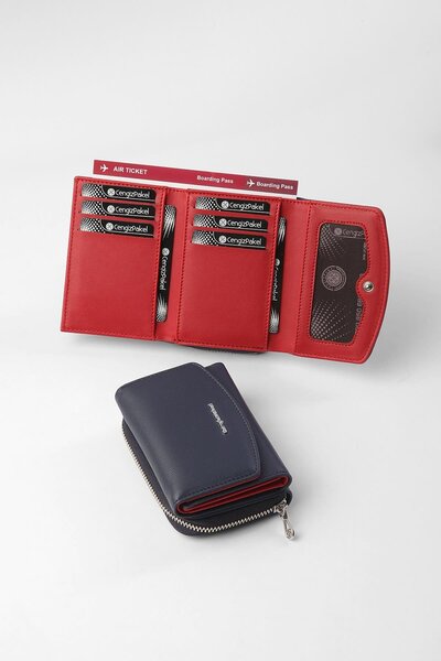 CENGİZ PAKEL Small Size Women's Wallet - 65309 - Navy Blue/Red