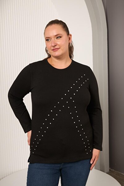 RMG Plus size geometric stone embellished blouse - black
