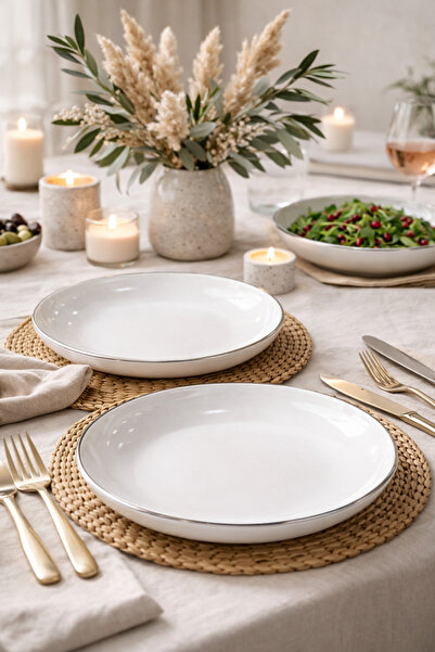 Evila 2’li Porselen Salata Tabağı Seti – Lüx Gümüş Detaylı Sunum Tabağı