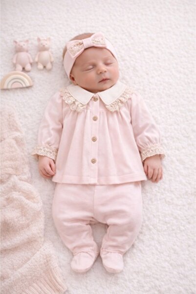 HANNA Set Baby Aura 0–3 luni, 3 piese cu tiv din dantelă la guler - Roz