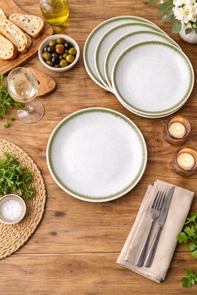 Evila 6 Kişilik 6 Parça Porselen Pasta Tabağı Takımı – 19cm Yeşil Çizgi Detay...