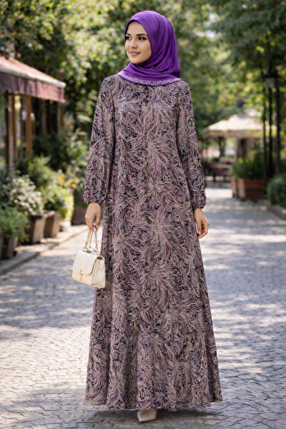 VİZYON Mor Şal Desen Viskon Tesettür Elbise