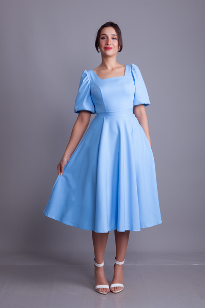 NO48 Baby Blue Balloon Sleeve Square Neck Midi Dress