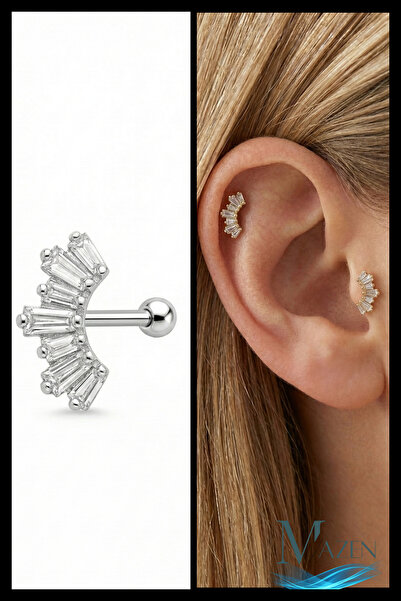 MAZEN Baget Sıralı Kavisli Model Zirkon Taşlı Tragus ve Helix Piercing 1 Adet...
