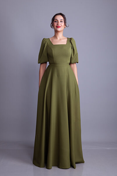 NO48 Khaki Balloon Sleeve Square Neck Maxi Dress