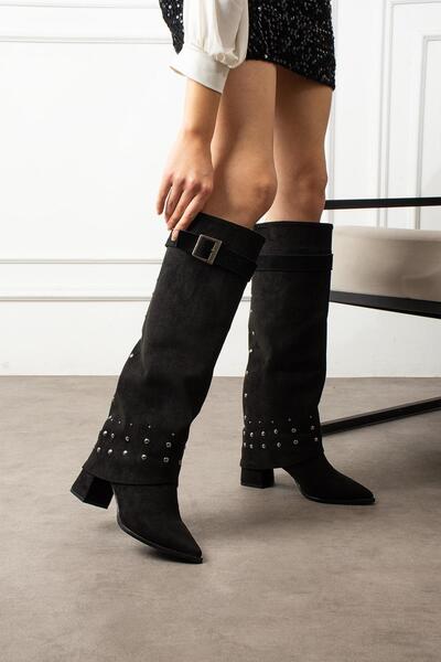 ShoeTek Lurt Women's Boots Bellows Belt Buckle Pin Black Suede