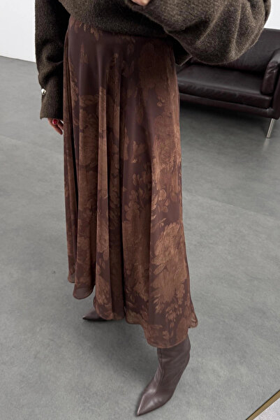 My Blog Brown Floral Patterned Chiffon Skirt - 0612