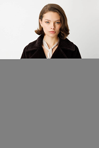 Ekol Women's Brown Plush Coat with Epaulettes 06035