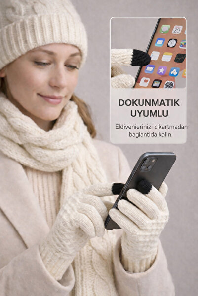 SİSTEM PELUŞ Women's Elegant Knitted Patterned Beanie- Scarf and Touchscreen ...