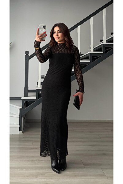 Oslove Black lined Slit lace dress
