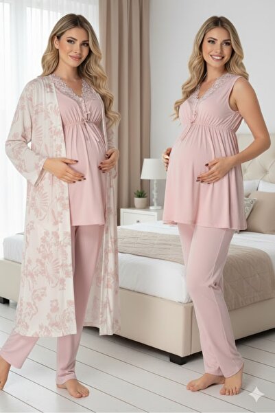 LOHOUSE Kadın Çiçekli Dantelli 3'Lü Lohusa Hamile Pijama Takım Seti