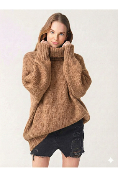 ribana Women's Turtleneck Wide Cut Oversized High Neck Knitwear Sweater 5078