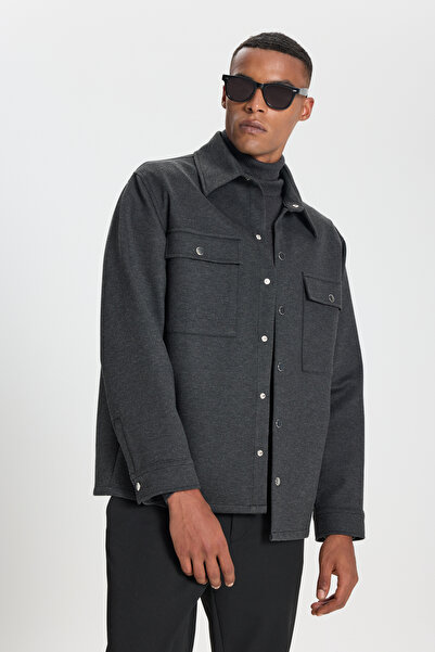 ALTINYILDIZ CLASSICS Anthracite Comfort Fit Relaxed Fit Shirt Collar Jacket S...