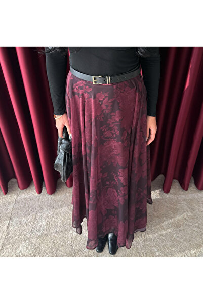 My Blog Burgundy Floral Patterned Chiffon Skirt - 0612