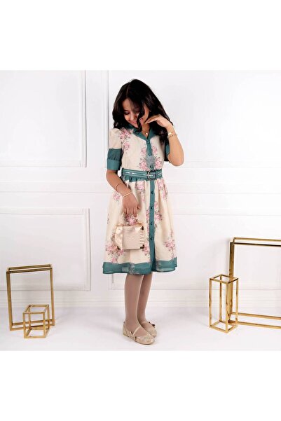 Mamnon Beige and green floral dress with a belt