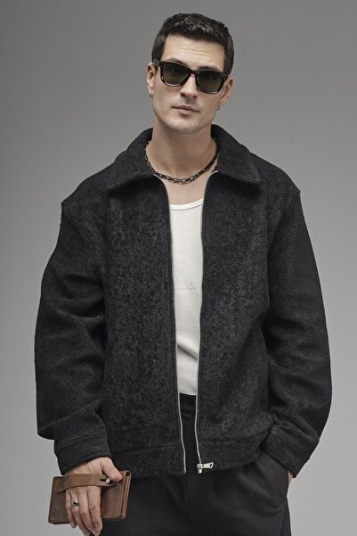 king brich Regular Fit Men's Cashmere Jacket with Pockets and Zipper Closure