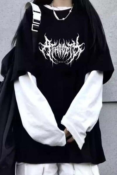 ARS Butik Harajuku Gothic Atrocity White Sleeve Unisex Black Long Sleeve T-Shirt