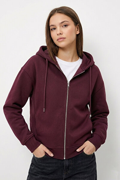 WAS Women's Burgundy Zippered Hooded Sweatshirt - Relaxed Fit Three Yarns