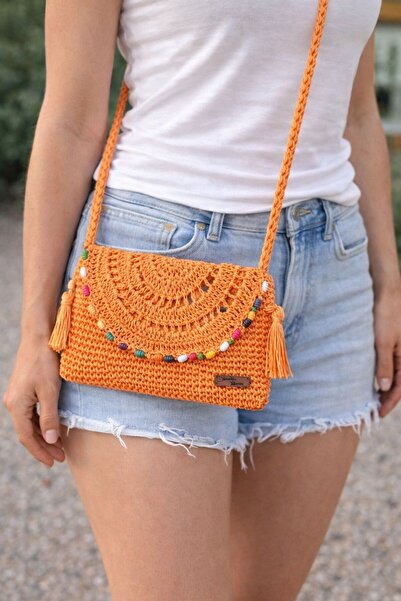 Gönülden Tasarım Hand Knitted Evil Eye Beaded 27x19cm Hanging Paper Rope Clut...