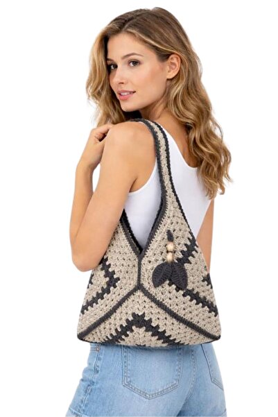 Uretti - Emine 9106 8415 Hand Knitted Beaded Detailed Bag / 38 cm - 35 cm